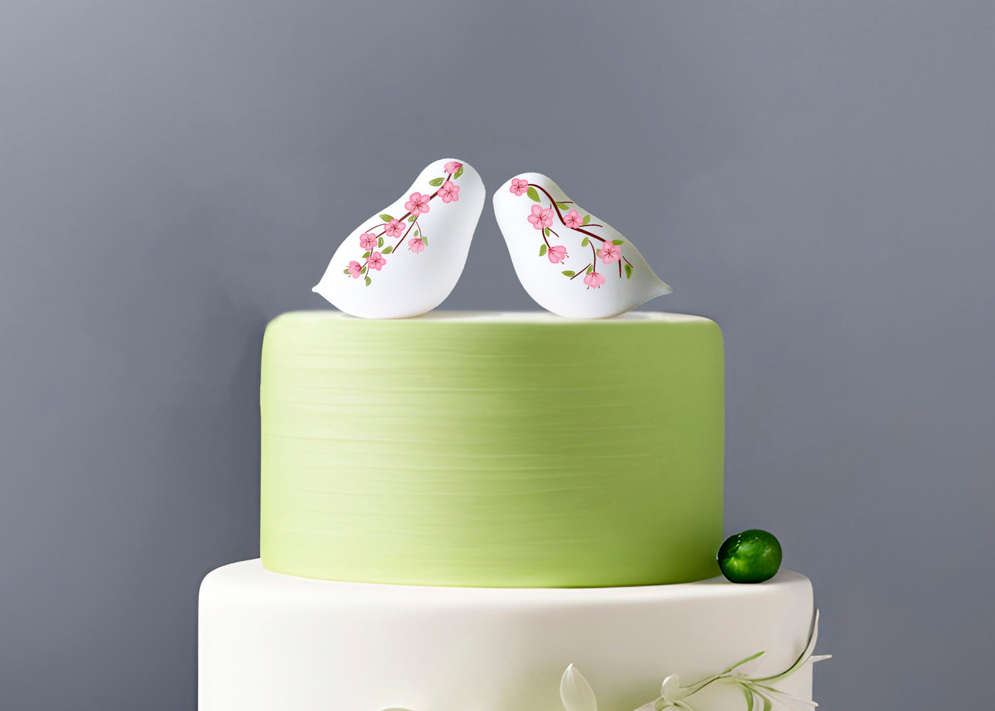 Sakura Love Birds Wedding Cake Topper | Hand-Painted Birds