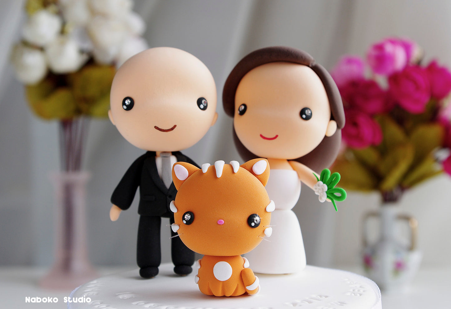 Custom Wedding Cake Topper with Cat | Bride and Bald Groom with Red Tabby Cat