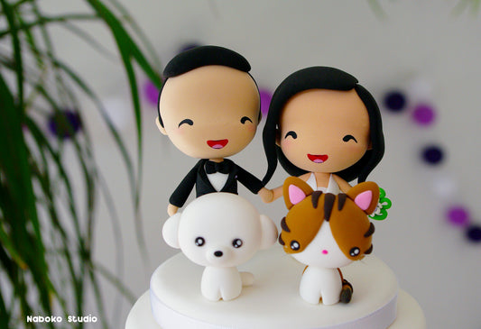 Custom Wedding Cake Topper with Cat and Dog | Bride and Groom with Bichon Frise and Tortoiseshell Cat