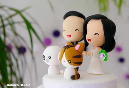 Custom Wedding Cake Topper with Cat and Dog | Bride and Groom with Bichon Frise and Tortoiseshell Cat