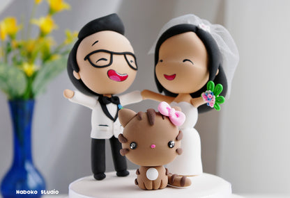 Custom Wedding Cake Topper with Cat | Bride and Groom with Tabby Cat