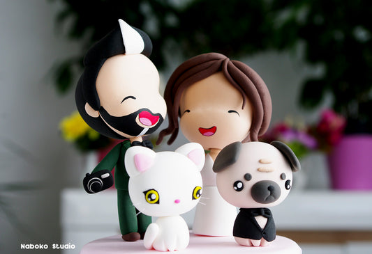 Custom Wedding Cake Topper with Cat and Dog | Bride and Photographer Groom with Persian Cat and Pug