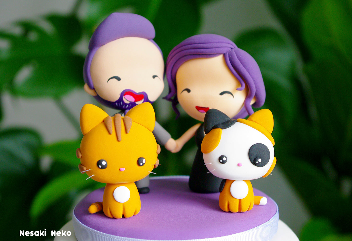 Custom Wedding Cake Topper with Cats | Purple-Haired Couple with Red Tabby and Calico Cats