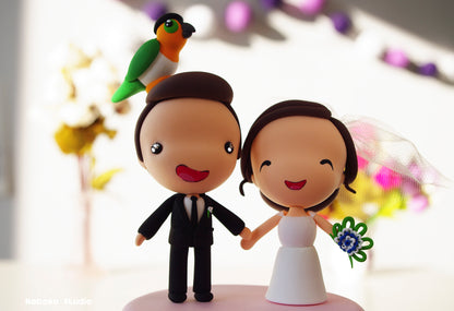 Custom Wedding Cake Topper with Parrot | Bride and Groom with Pet