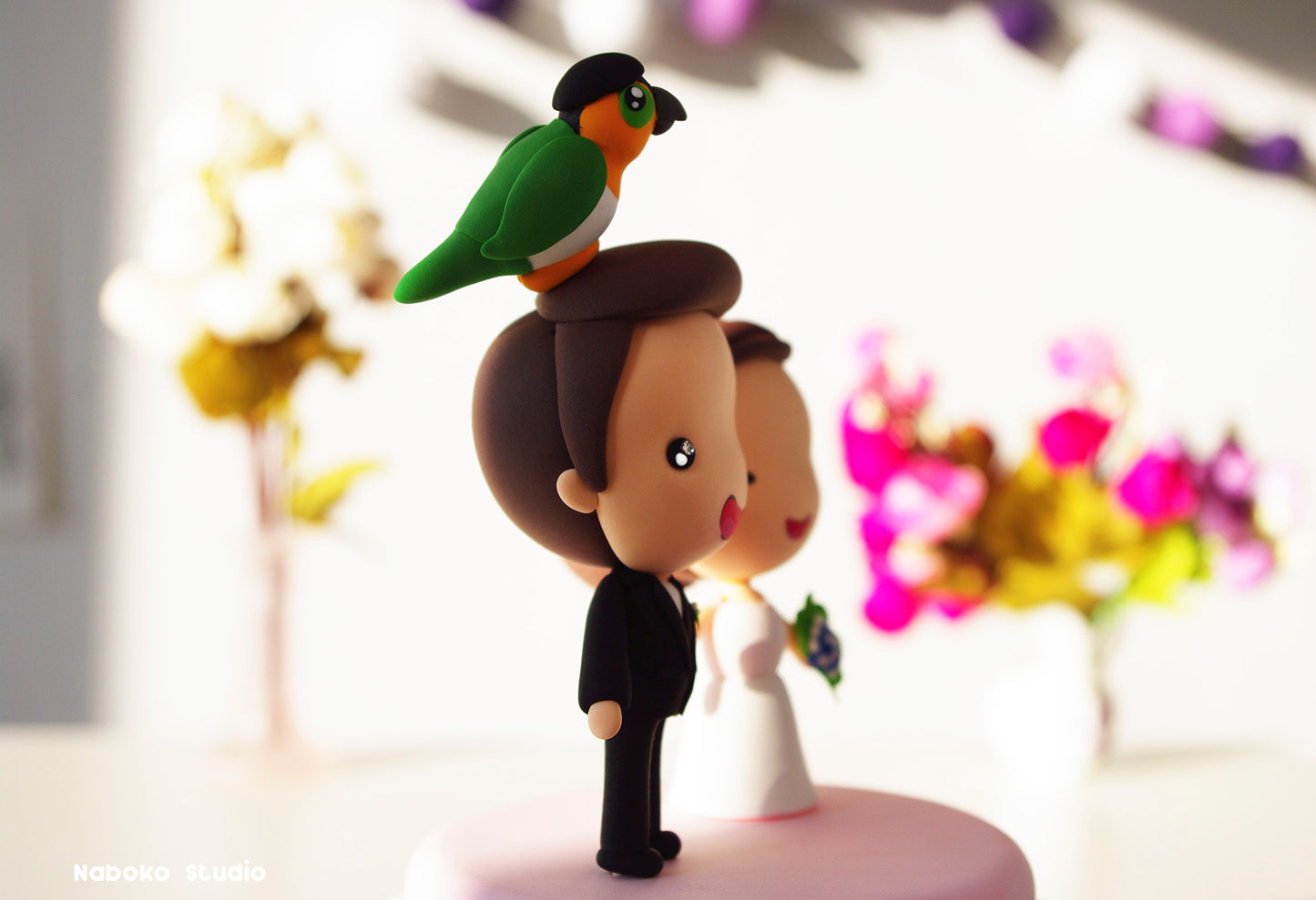 Custom Wedding Cake Topper with Parrot | Bride and Groom with Pet