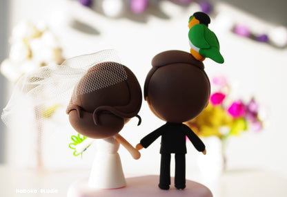 Custom Wedding Cake Topper with Parrot | Bride and Groom with Pet