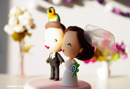 Custom Wedding Cake Topper with Parrot | Bride and Groom with Pet