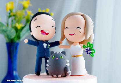 Custom Wedding Cake Topper with Cat | Bride and Groom with Tabby Cat