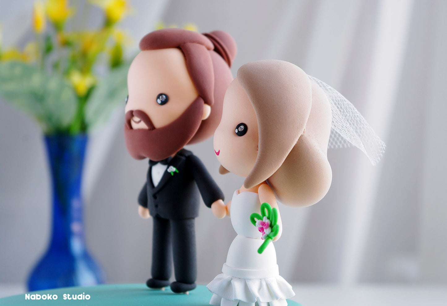 Custom Wedding Cake Topper | Bride and Bearded Groom Figurine