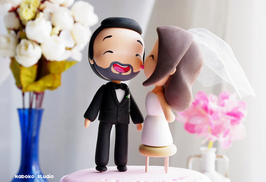 Short Bride on Stool and Tall Groom with Kippah | Custom Wedding Cake Topper