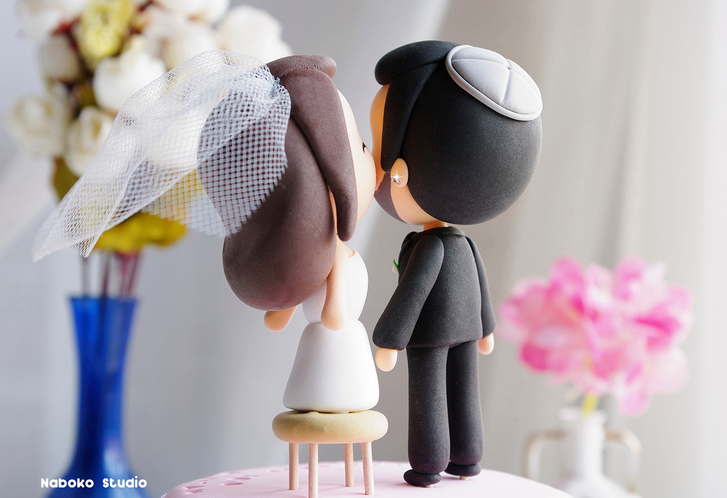 Short Bride on Stool and Tall Groom with Kippah | Custom Wedding Cake Topper