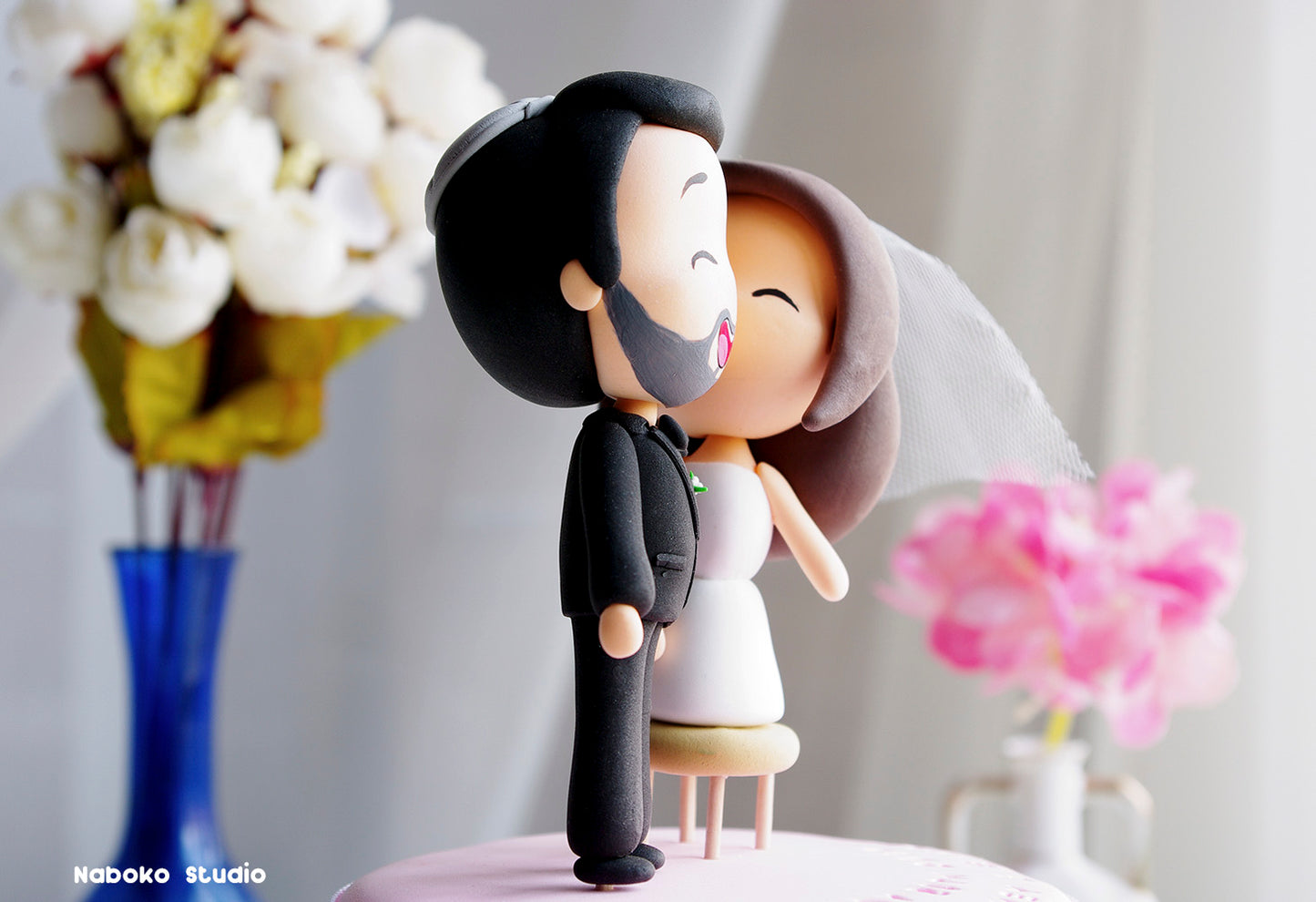 Short Bride on Stool and Tall Groom with Kippah | Custom Wedding Cake Topper