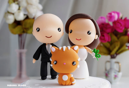 Custom Wedding Cake Topper with Cat | Bride and Bald Groom with Red Tabby Cat