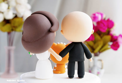 Custom Wedding Cake Topper with Cat | Bride and Bald Groom with Red Tabby Cat