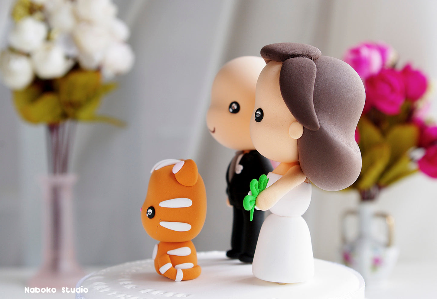 Custom Wedding Cake Topper with Cat | Bride and Bald Groom with Red Tabby Cat