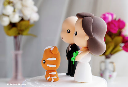 Custom Wedding Cake Topper with Cat | Bride and Bald Groom with Red Tabby Cat