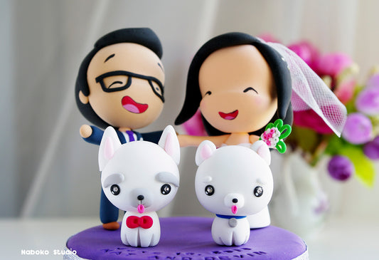 Custom Wedding Cake Topper with Dogs | Bride and Groom with Two White Dogs