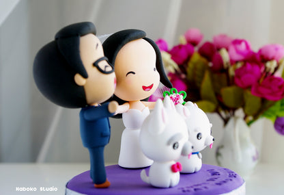 Custom Wedding Cake Topper with Dogs | Bride and Groom with Two White Dogs