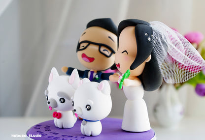 Custom Wedding Cake Topper with Dogs | Bride and Groom with Two White Dogs