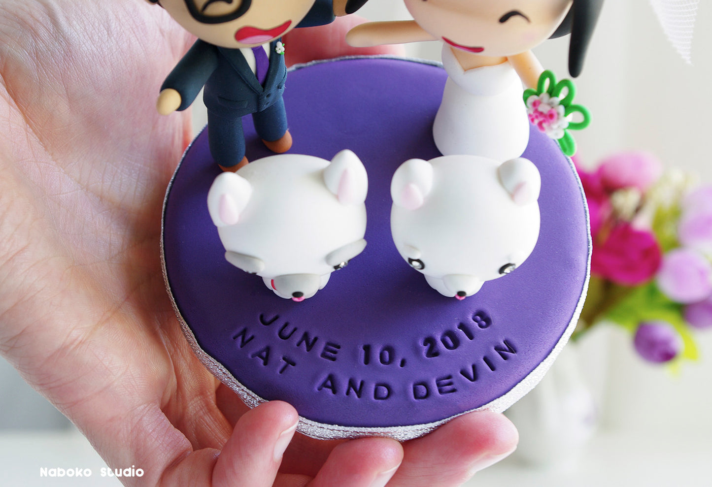 Custom Wedding Cake Topper with Dogs | Bride and Groom with Two White Dogs