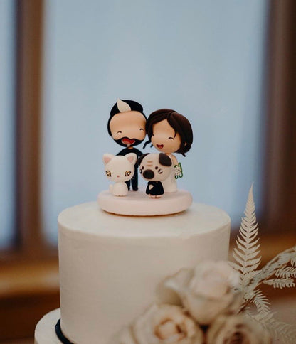 Custom Wedding Cake Topper with Cat and Dog | Bride and Photographer Groom with Persian Cat and Pug