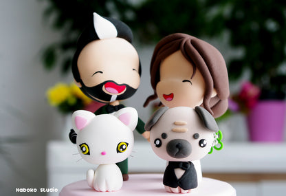 Custom Wedding Cake Topper with Cat and Dog | Bride and Photographer Groom with Persian Cat and Pug