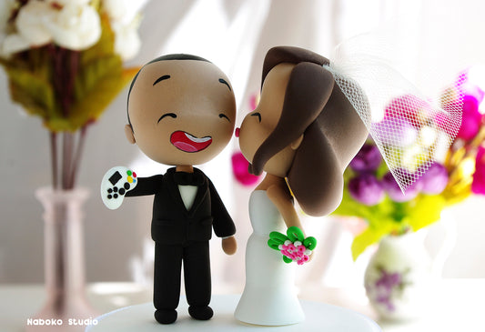 Custom Wedding Cake Topper Funny | Kissing Bride and Gamer Groom Figurine