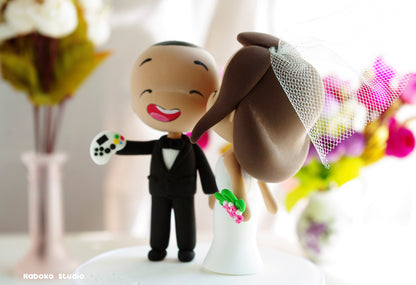 Custom Wedding Cake Topper Funny | Kissing Bride and Gamer Groom Figurine