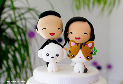 Custom Wedding Cake Topper with Cat and Dog | Bride and Groom with Bichon Frise and Tortoiseshell Cat