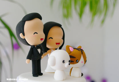 Custom Wedding Cake Topper with Cat and Dog | Bride and Groom with Bichon Frise and Tortoiseshell Cat