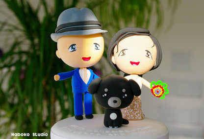 Custom Wedding Cake Topper with Dog | Groom in Borsalino Hat and Bride with Black Dog