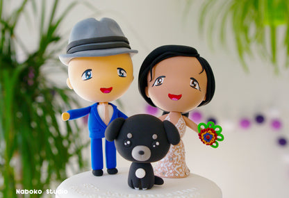 Custom Wedding Cake Topper with Dog | Groom in Borsalino Hat and Bride with Black Dog