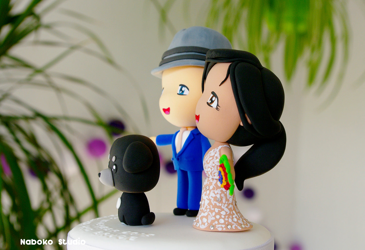 Custom Wedding Cake Topper with Dog | Groom in Borsalino Hat and Bride with Black Dog