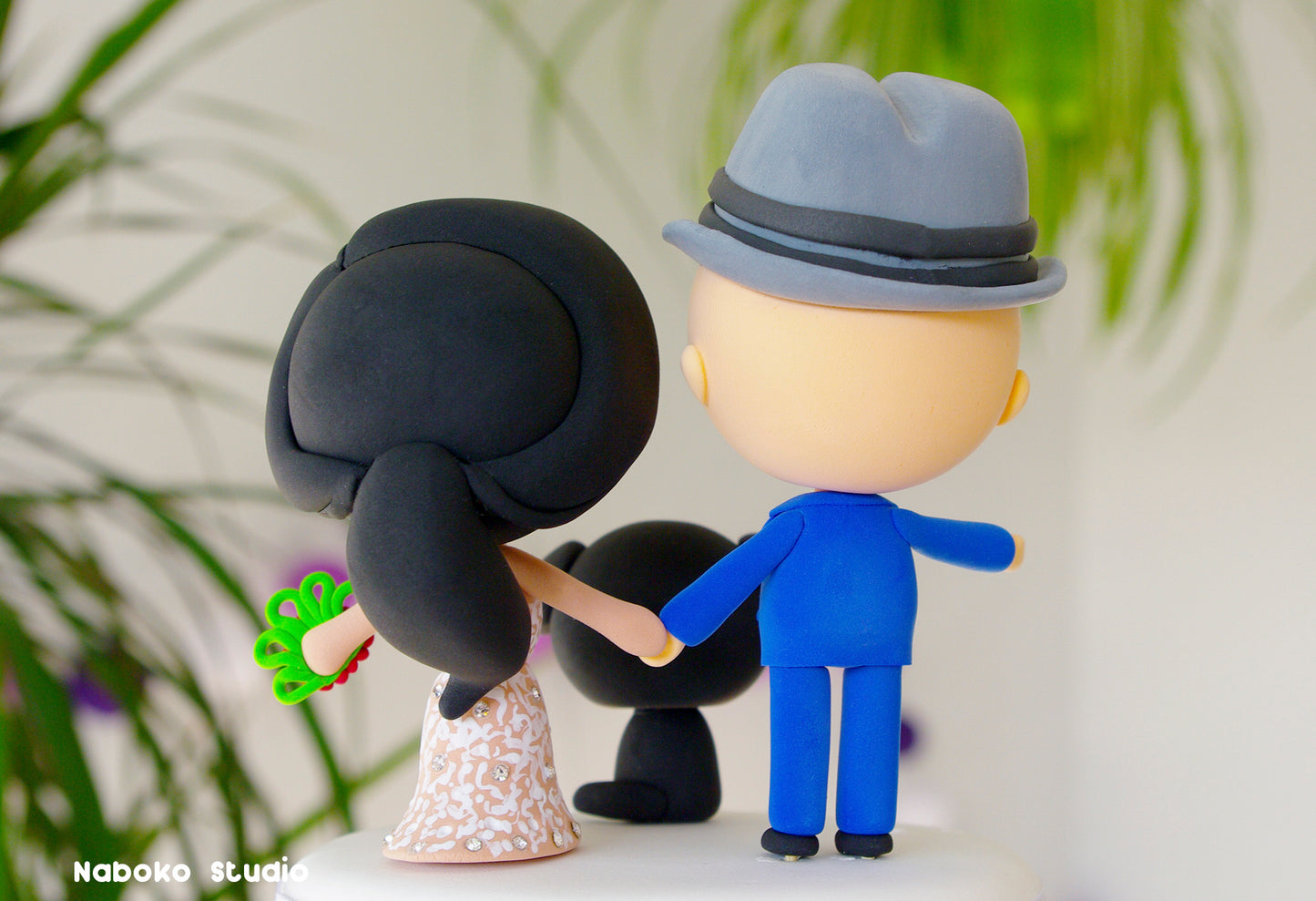 Custom Wedding Cake Topper with Dog | Groom in Borsalino Hat and Bride with Black Dog