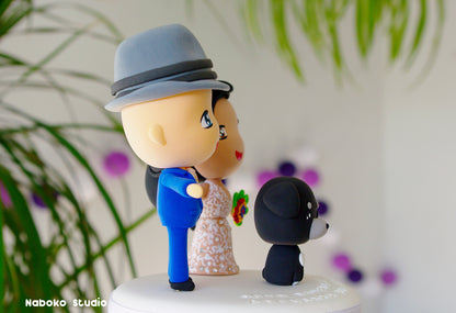 Custom Wedding Cake Topper with Dog | Groom in Borsalino Hat and Bride with Black Dog