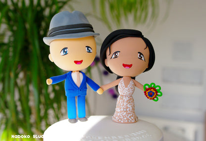 Custom Wedding Cake Topper with Dog | Groom in Borsalino Hat and Bride with Black Dog