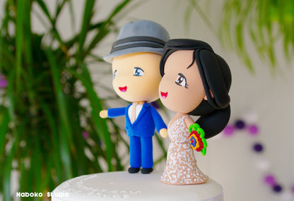 Custom Wedding Cake Topper | Bald Groom in Borsalino Hat and Indian Bride