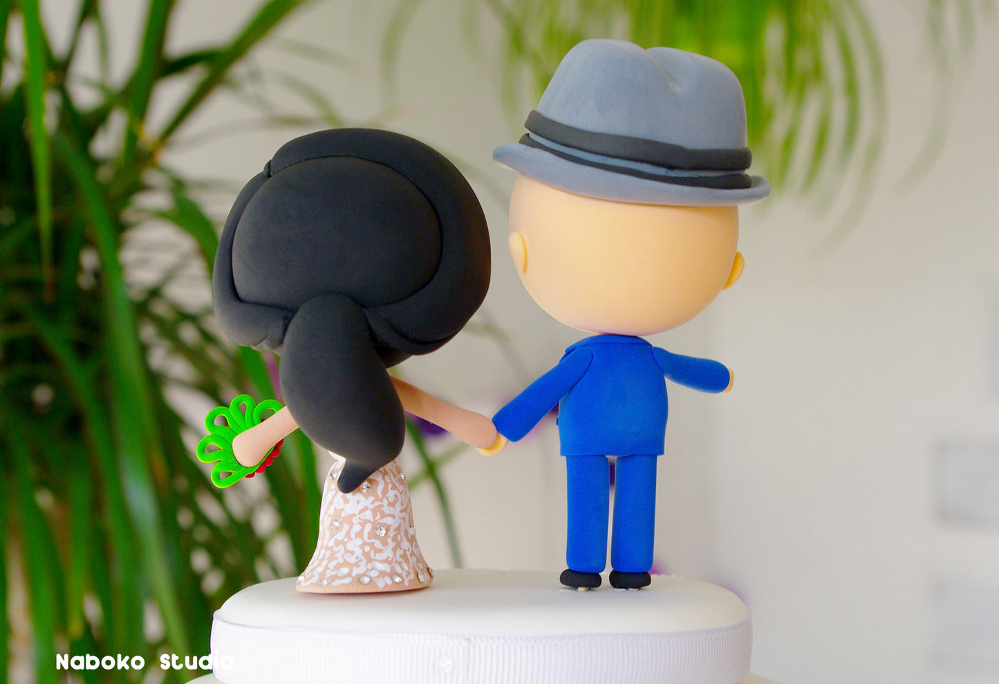 Custom Wedding Cake Topper | Bald Groom in Borsalino Hat and Indian Bride