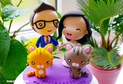 Custom Wedding Cake Topper with Cats | Bride and Groom with Red and Brown Tabby Cats