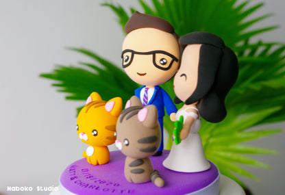 Custom Wedding Cake Topper with Cats | Bride and Groom with Red and Brown Tabby Cats