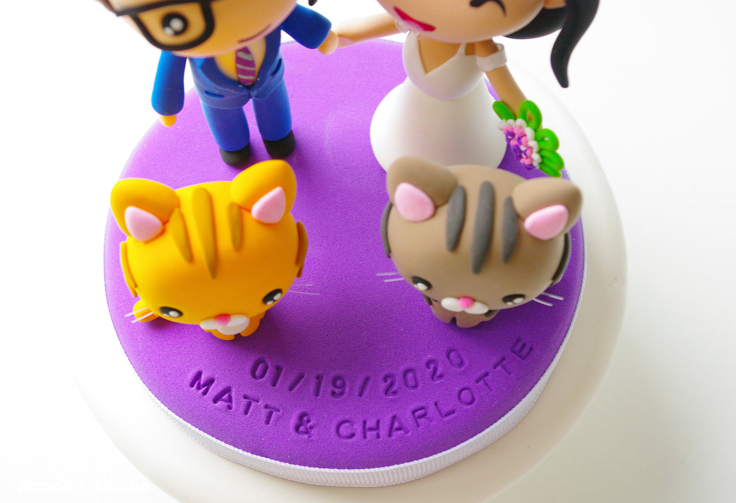 Custom Wedding Cake Topper with Cat and Dog | Bride and Photographer Groom with Persian Cat and Pug