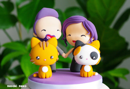 Custom Wedding Cake Topper with Cats | Purple-Haired Couple with Red Tabby and Calico Cats