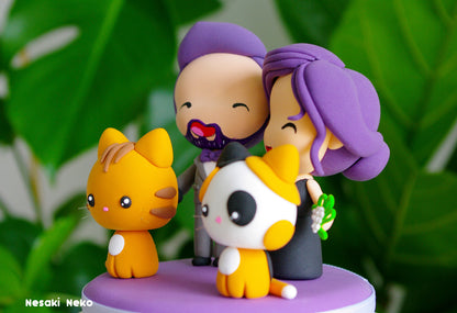 Custom Wedding Cake Topper with Cats | Purple-Haired Couple with Red Tabby and Calico Cats