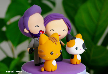 Custom Wedding Cake Topper with Cats | Purple-Haired Couple with Red Tabby and Calico Cats