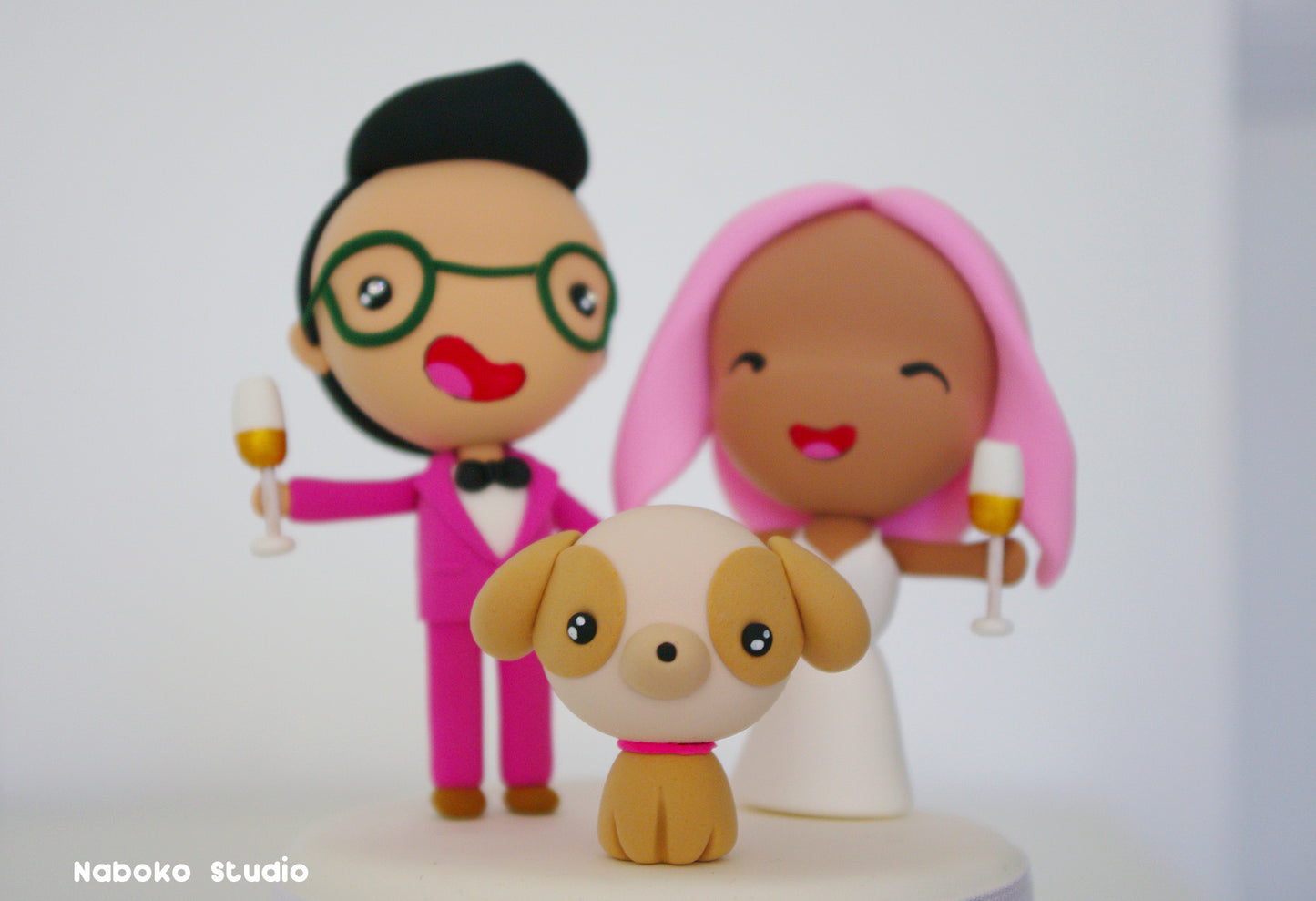 Custom Wedding Cake Topper with Dog | Pink Bride and Groom with Poodle