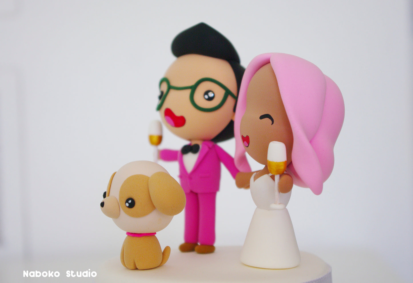 Custom Wedding Cake Topper with Dog | Pink Bride and Groom with Poodle