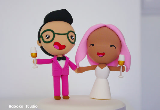 Custom Wedding Cake Topper Funny | Pink Hair Bride and Pink Suit Groom