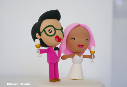 Custom Wedding Cake Topper Funny | Pink Hair Bride and Pink Suit Groom