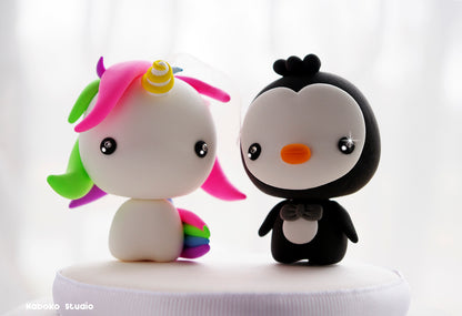 Unicorn and Penguin Wedding Cake Topper | Just Married Couple Figurine