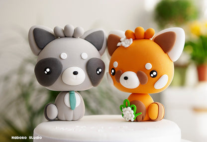 Raccoon and Red Panda Wedding Cake Topper | Just Married Couple Figurine